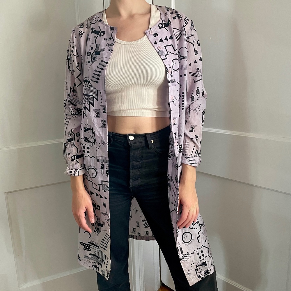 vintage 80s geometric graphic print lavender and black silk kimono jacket